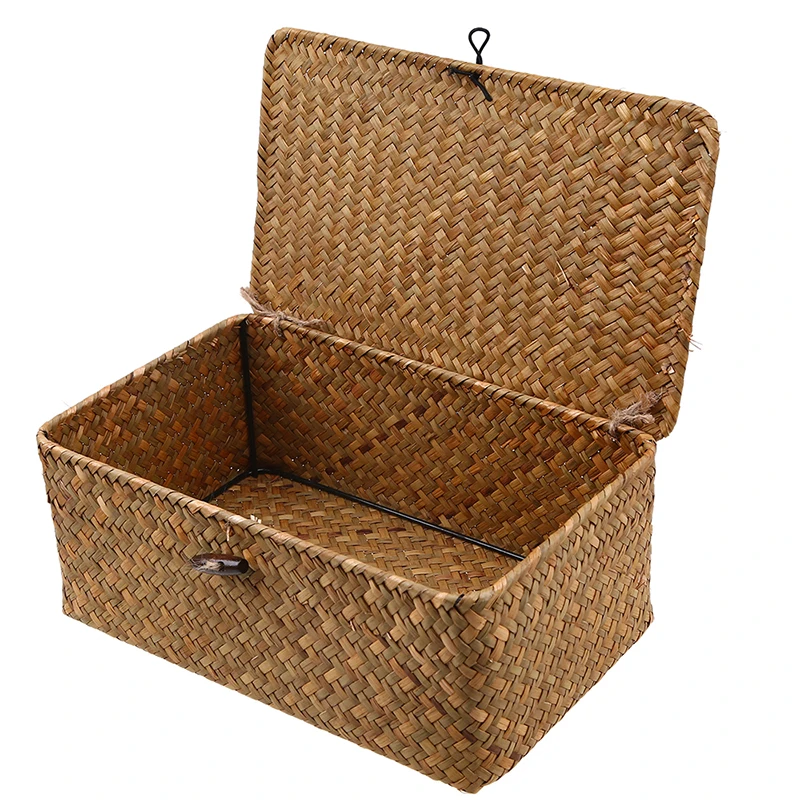 Hand-woven Wicker Storage Box Natural Seagrass Storage Baskets with Lid Sundries Container Household Rectangular Organizer