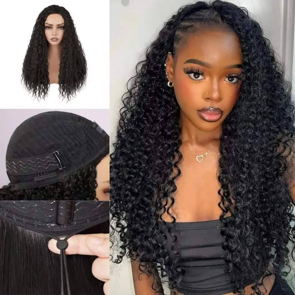 

Kinky Curly Half Wig Glueless Human Hair Wigs With Drawstring Seamless Clips For Women Deep Wave Half Wig Full Machine Made Wig
