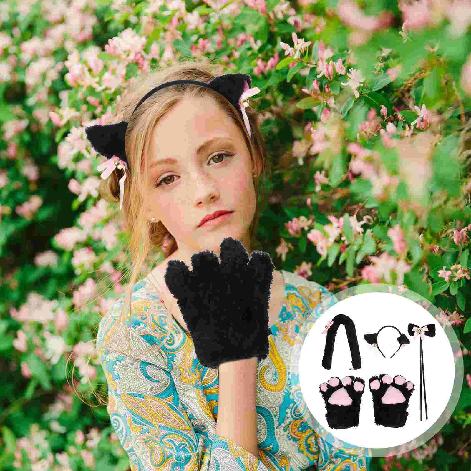 Disfraz de Cosplay de gato creativo, 5 uds., cola de gatito, orejas, Collar, patas, guantes, conjunto gótico Lolita para fiesta, Cosplay (negro)