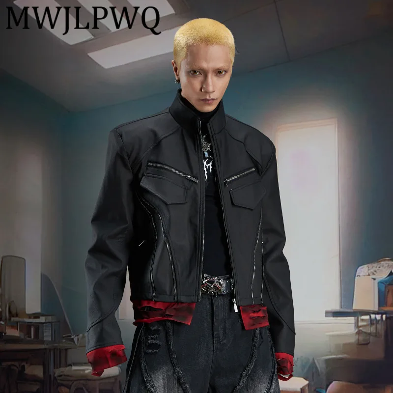 

MWJLPWQ Niched High Streey Деконструированная лоскутная кожаная куртка мужская искусственная двухсекционная темная молния короткий повседневный топ унисекс 11915
