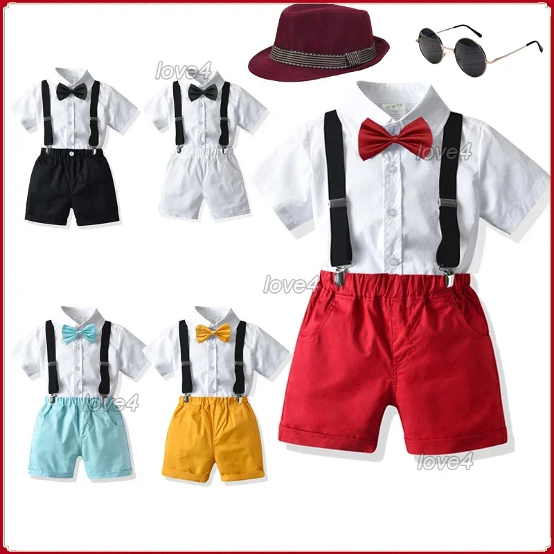 

Formal Attire for Kids Boy Short Sleeve White Polo Shirt Red Shorts Suspender with Bowtie Baby Clothes Set Birthday Party Tuxedo