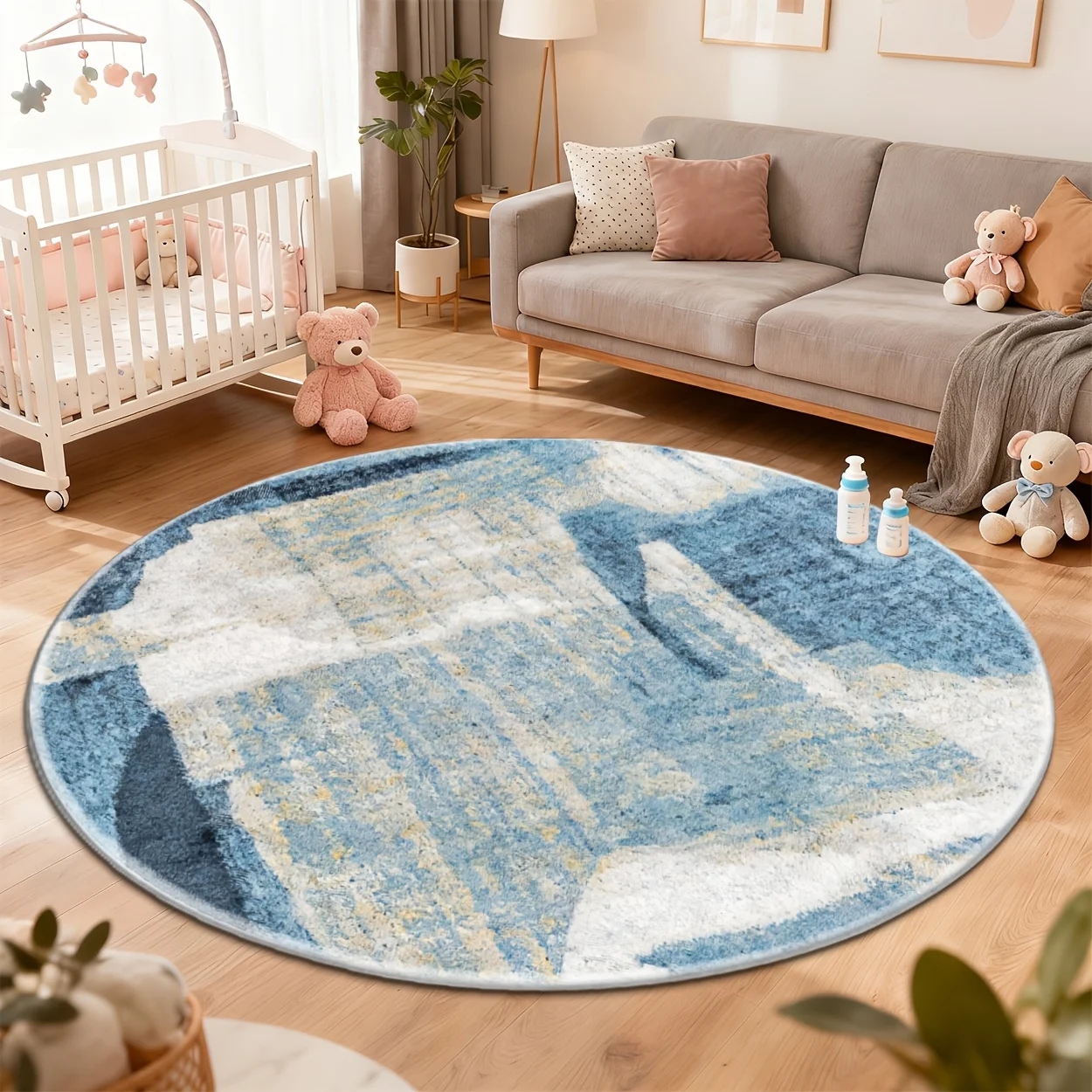 Abstract aqua yellow circular rug 2D printed splash pattern floor mat for dance studio coffee shop entrance