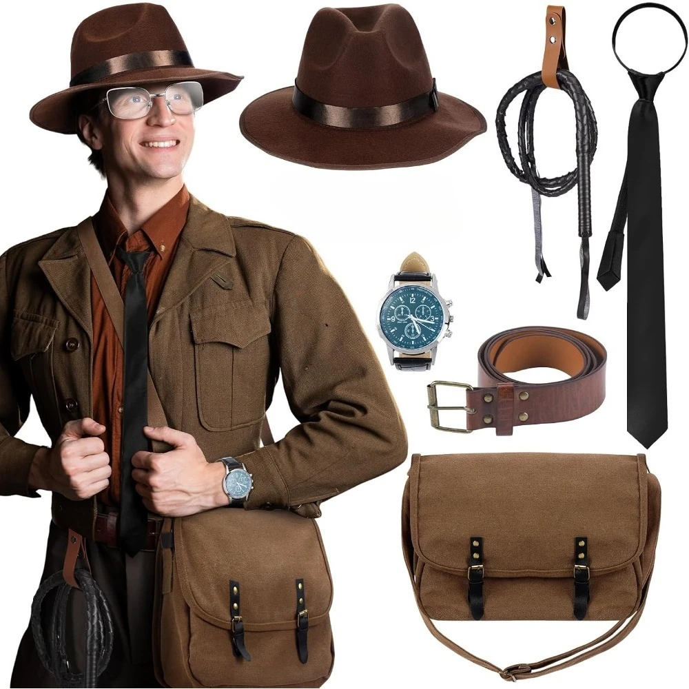 8Pcs Halloween Steampunk Adventurer Retro Middle Ages Costume Accessories for Men Hat Bag Watch Belt Tie Whip Whip Strap Set