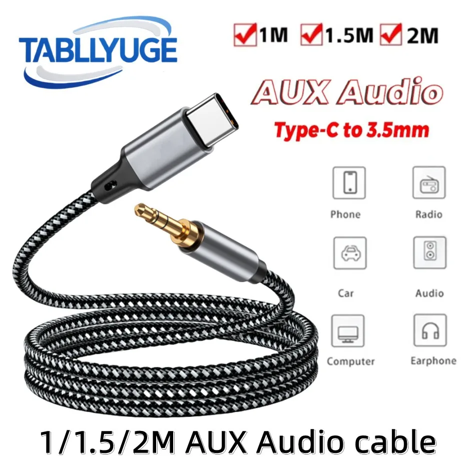 TABLLYUGE USB Type-C to 3.5mm Jack Aux Cable USB-C  Audio Adapter 1m/1.5m/2m for Phone Headphones Car Audio Connector Aux Cable