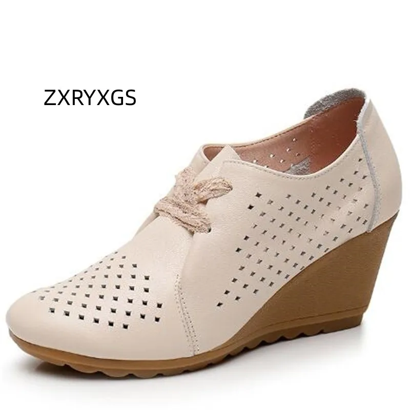 

ZXRYXGS 2024 New Spring Summer Premium Cowhide Hollow Leather Shoes Breathable Wedges Sandals High Heels Non-slip Women Shoes