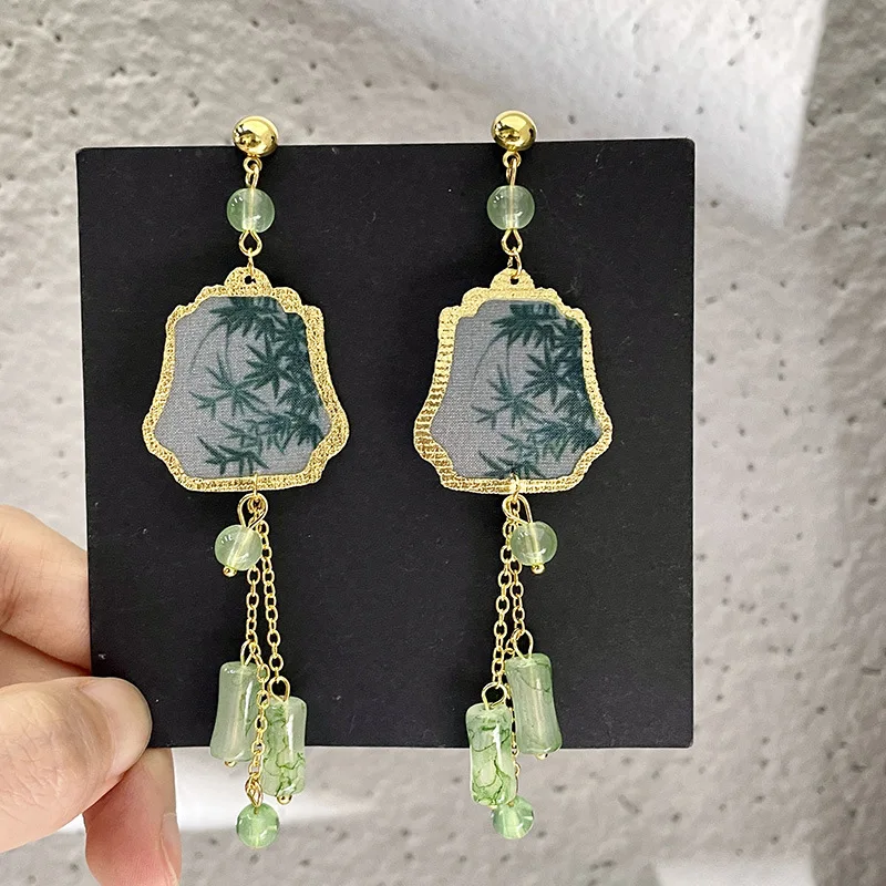 Fresh Green Bamboo Leaf Fan-shaped Pendent Ear Stud Delicate Tassel Dangle Chinese Style Earrings for Women Jewelry Gift New