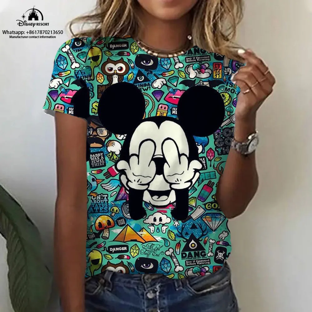 

2023 Summer Fashion Women's Crewneck Pullover Short Sleeves Casual Tops Disney Brand Mickey Minnie Anime Kids T-Shirts Y2K