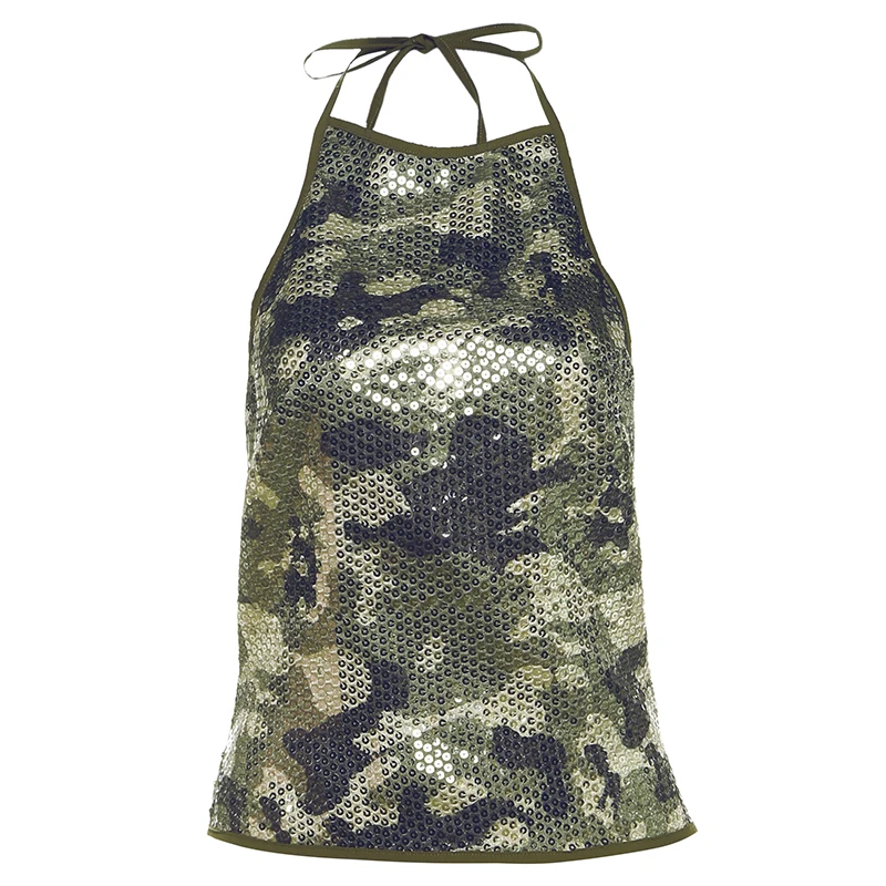 Chatte étrange Sexy Camouflage paillettes Camisole été femmes licou à lacets dos nu sans manches rue minuit quotidien tendance hauts