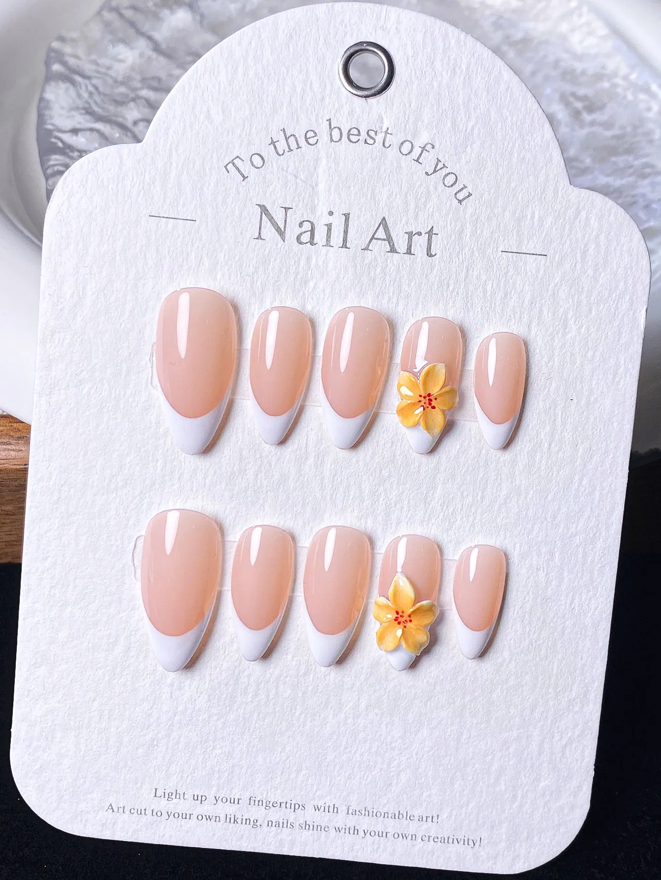 10 Stück handgefertigte gepresste kurze Nägel, künstliche Nägel, französische Nagelspitzen, mandelförmige Nägel, orangefarbene Nägel, weiße Nägel