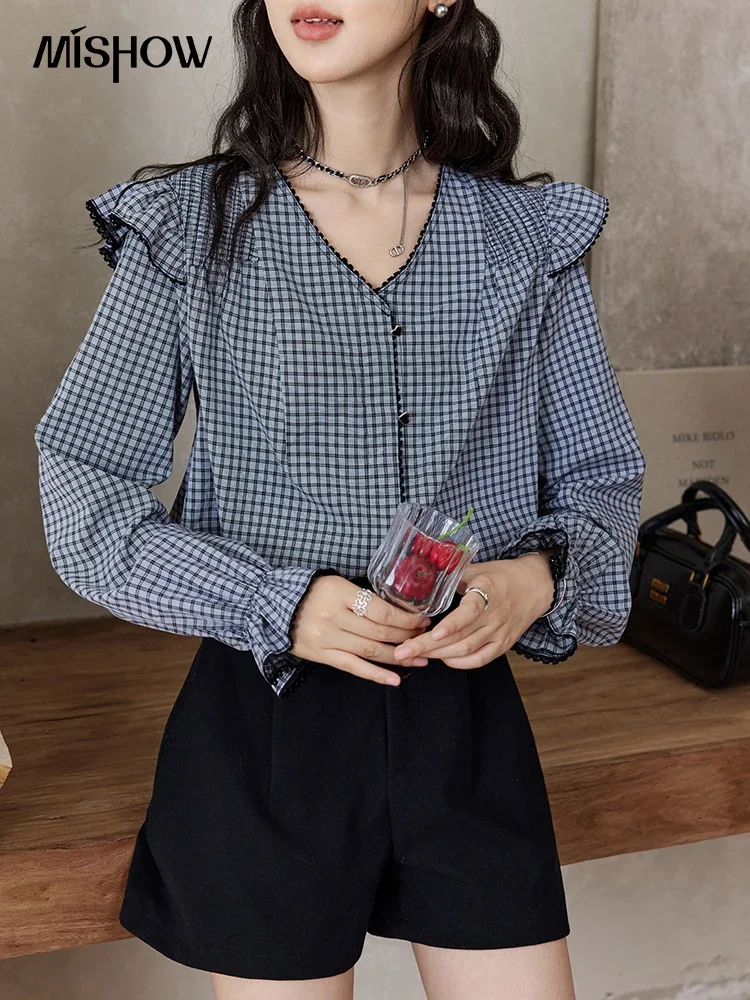 MISHOW Women Sweet Plaid Blouse French Ruffle Fly Sleeve Love Button Shirts 2024 Autumn V-Neck Loose Vintage Tops MXD45X1661