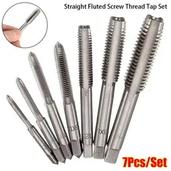 7Pcs/set Straight Fluted Screw Thread Tap Set Square Shank Right Hand Machine Plug Tap Drill Bits Set M3-M12 Metric HSS