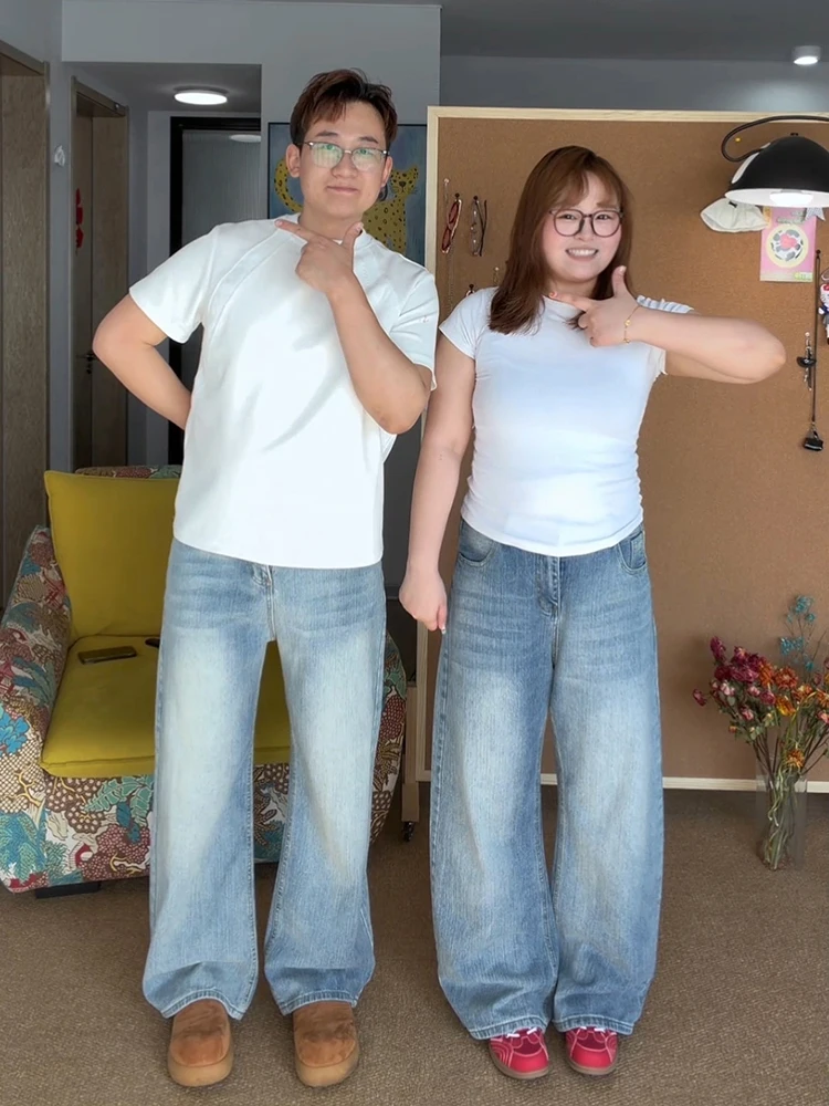 

Retro Blue Bamboo Node Denim Pants Men Women Spring Small Size Thi Leg Slimming American High Street Wide Leg Long Pants