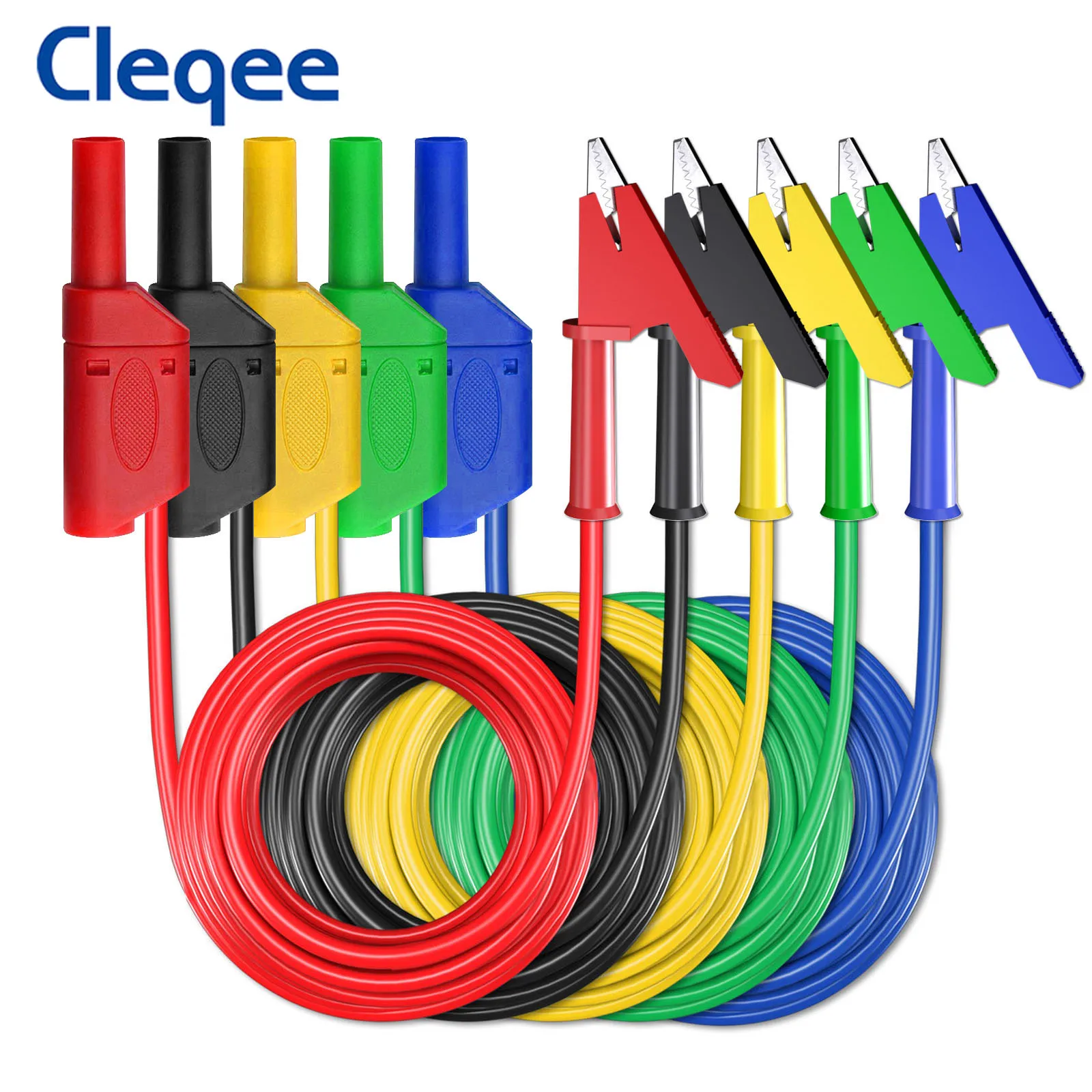 

Cleqee P1018A 5pcs Safety 4mm Banana Plug to Alligator Clip Test Lead Multimeter Crocodile Stackable Plug Wire Soft 100cm Cable