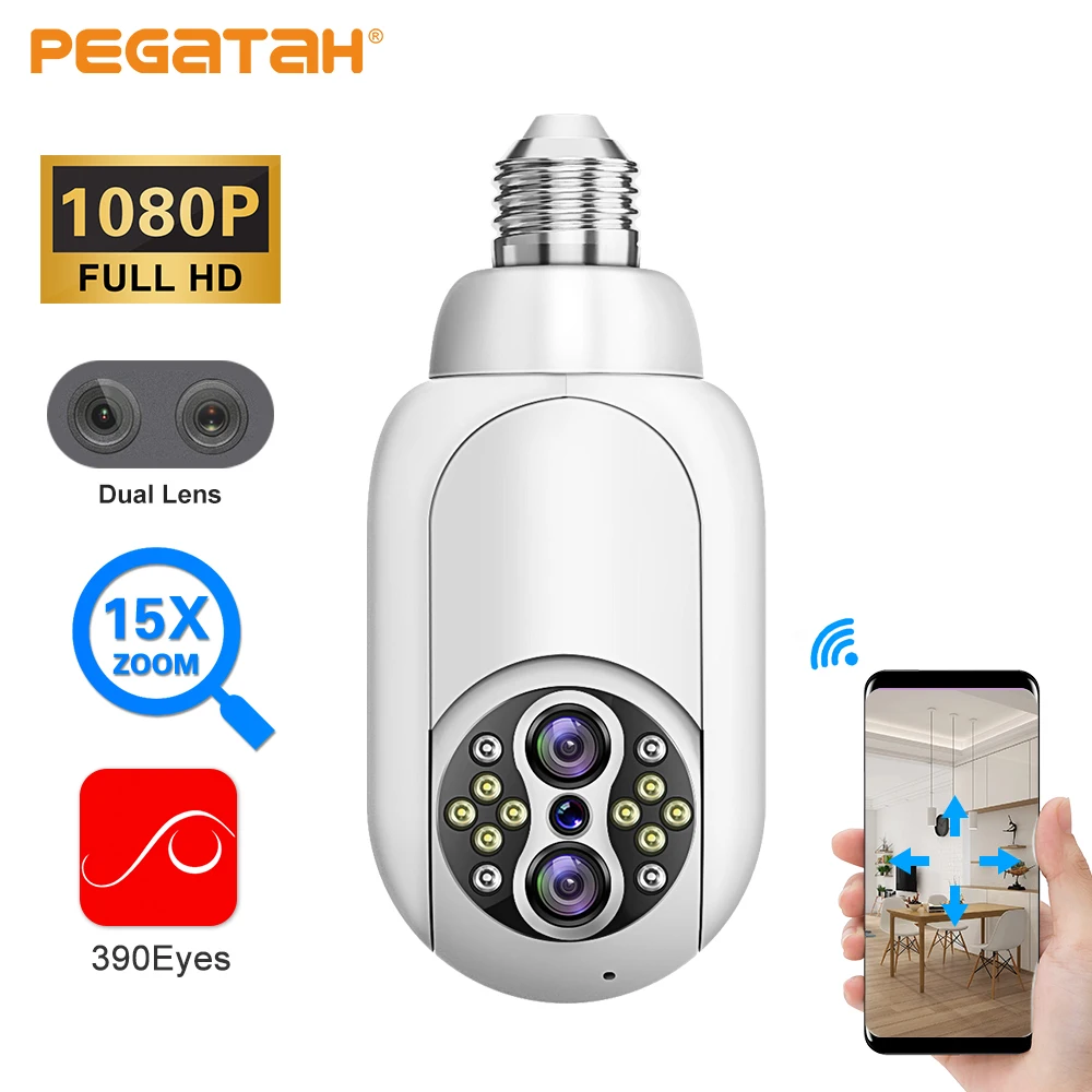 1080P Wifi Dual Lens IP Camera E27 Bulb 15X Digital Zoom Human Track Color Night Vision Security Surveillance PTZ Cameras Lamp