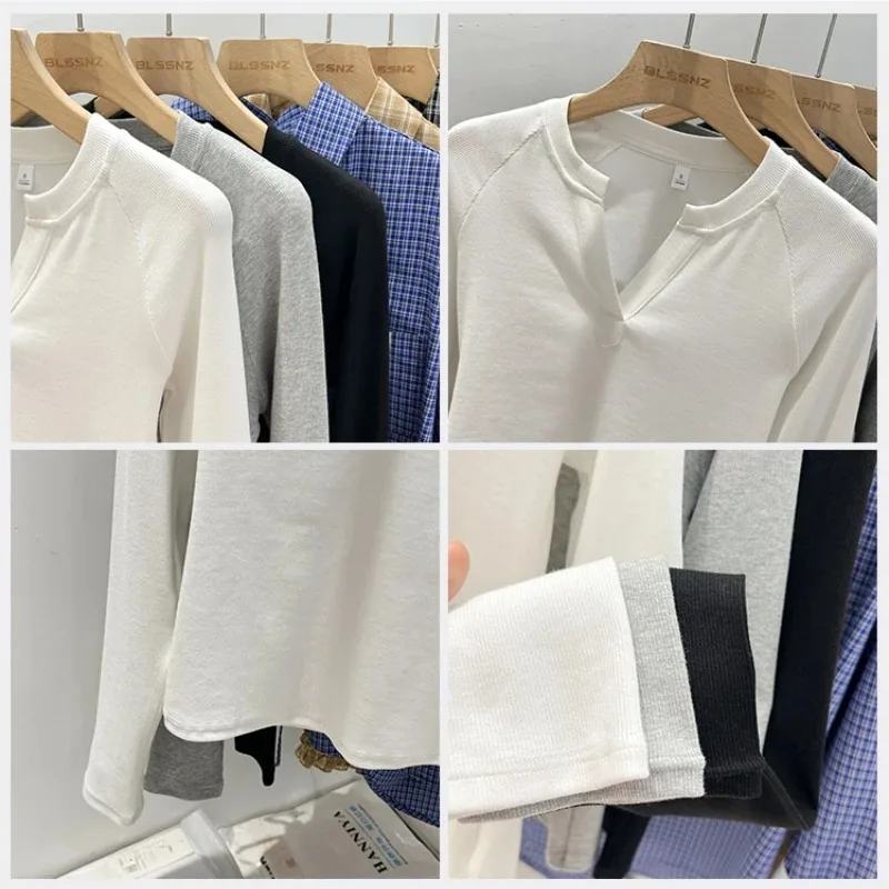 2025 Camiseta de manga larga con cuello en V ajustada de estilo básico para mujer, camiseta informal versátil de estilo coreano con capa Base Simple para mujer
