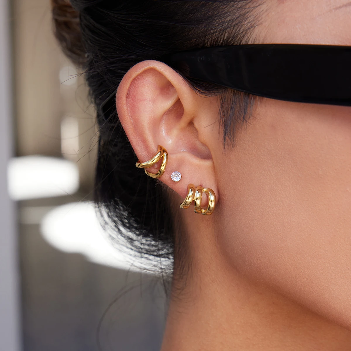 

AIKOER Simple Classic 14K Gold Color Plated Stainless Steel Three Layer Hollow Ear Studs Women's Jewelry Party Gift