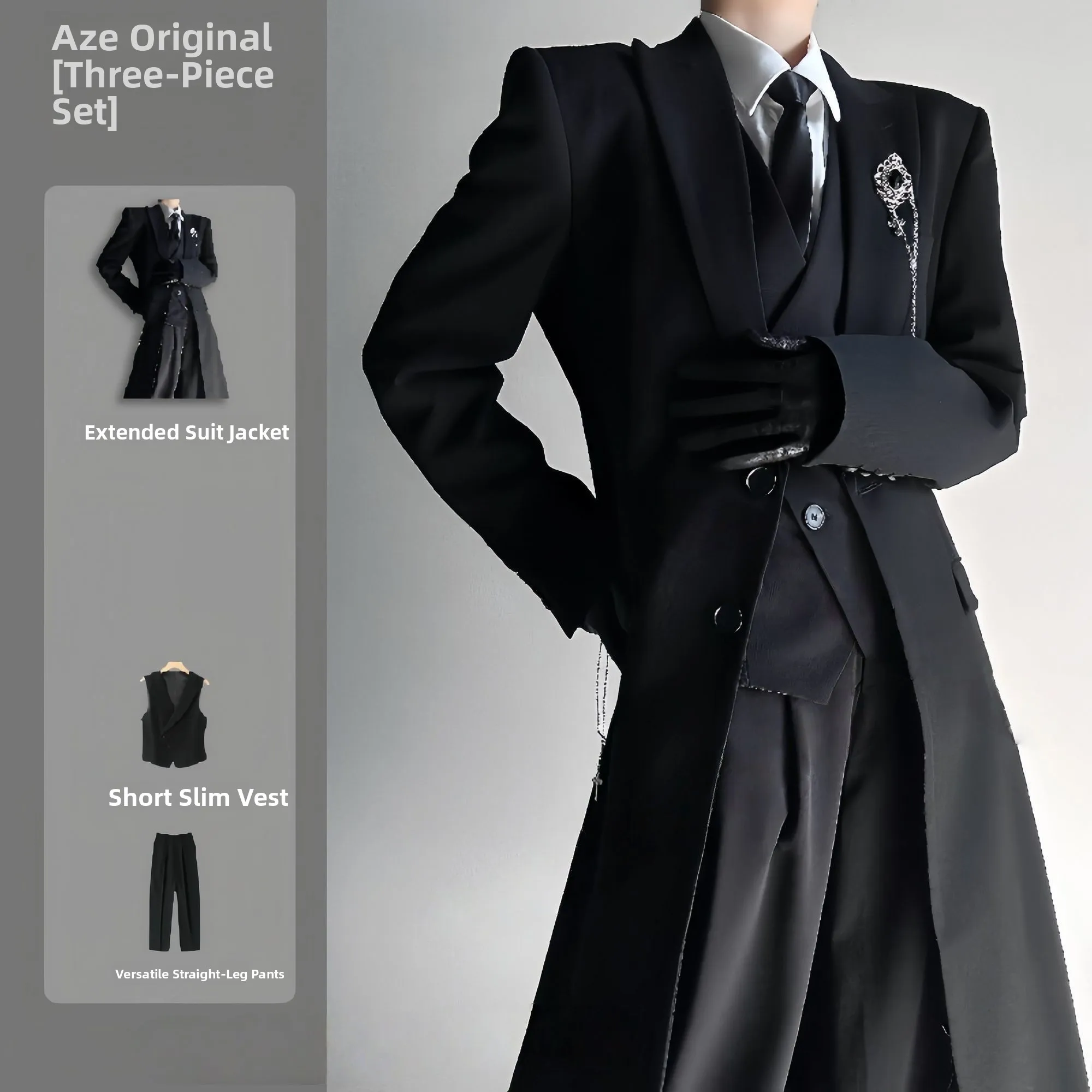 Long Tailored Suit Jacket Set Black Shoulder Level Appropriate for Spring Autumn Neutral Style Men's Business Casual Wear