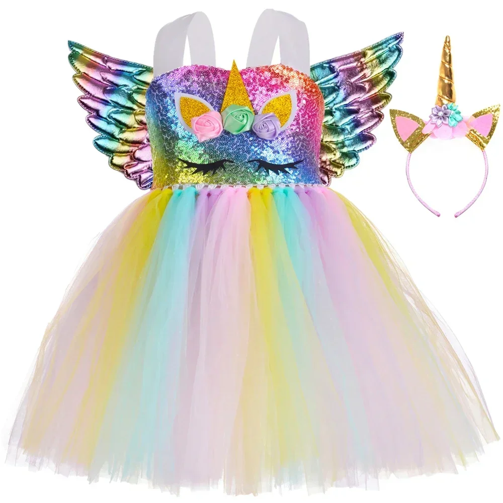 Girls Unicorn Costume Kids Rainbow Sequin Tulle Tutu Princess Dress for Girls Birthday Halloween Carnival Party Dress Up Clothes