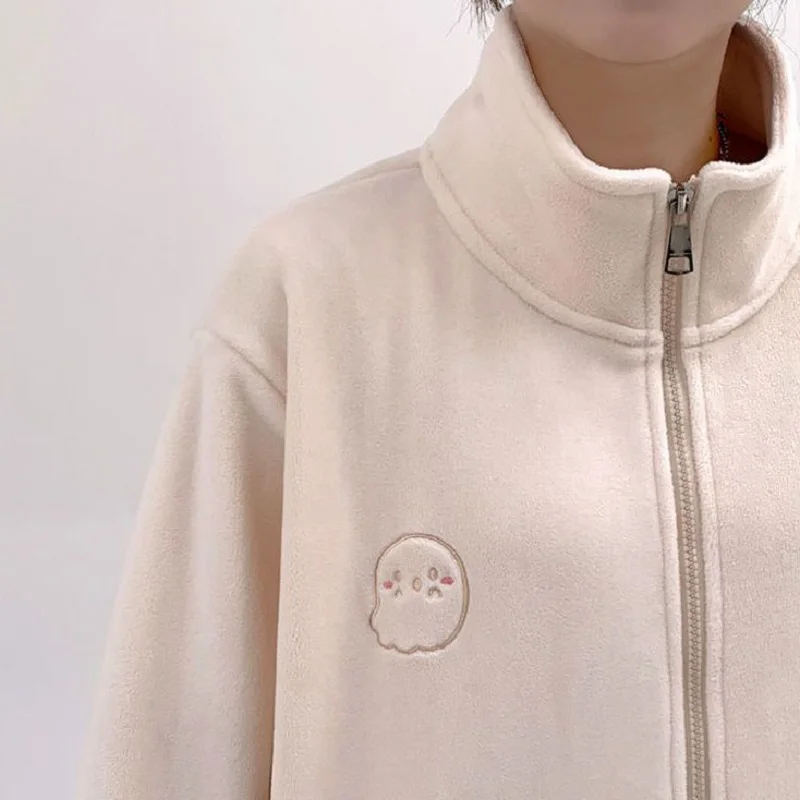 Japan South Korea Leisure Milk Whirl Fleece Coat Female Autumn Winter New Loose Lamb Wool Hoodie Female Stand Collar Small Tops