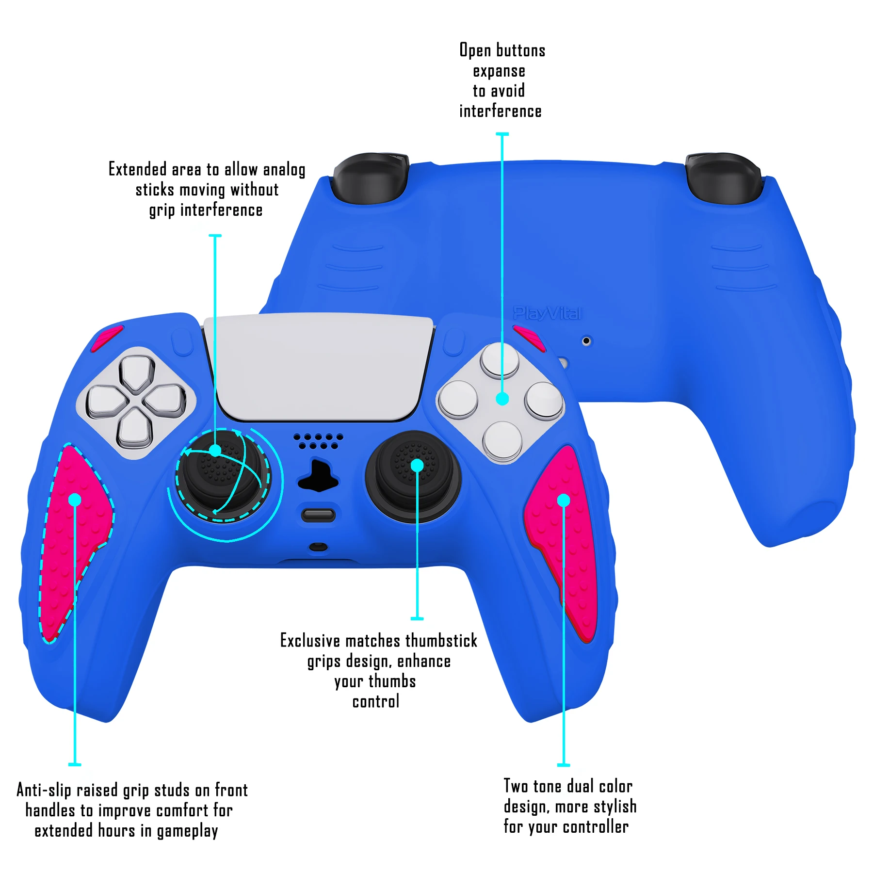 PlayVital Knight Edition Anti-Slip Silicone Cover Skin for ps5 Controller Case with Thumb Grip - Star Thai Blue Base & Rose Pink