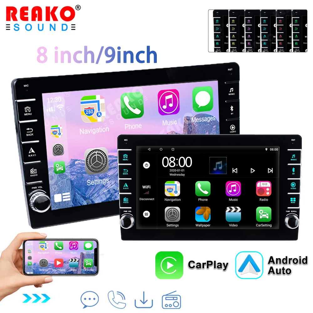 

REAKOSOUND 2 Din 8/9 Inch Car Radio Multimedia Player Carplay Android Auto MirrorLink 7 Color Light Stereo FM AM Bluetooth Radio