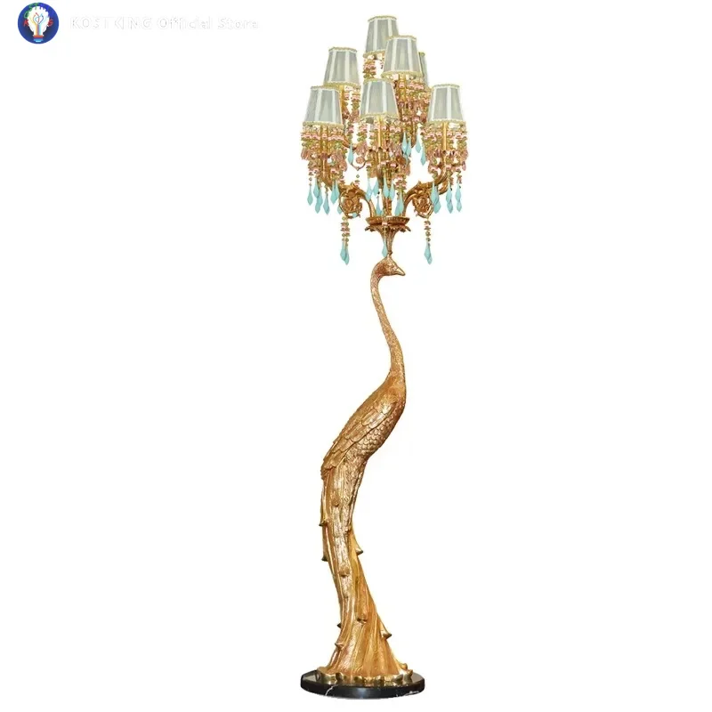 French all-copper peacock floor lamp villa high-end club art living room bedroom lamp retro European American lamp