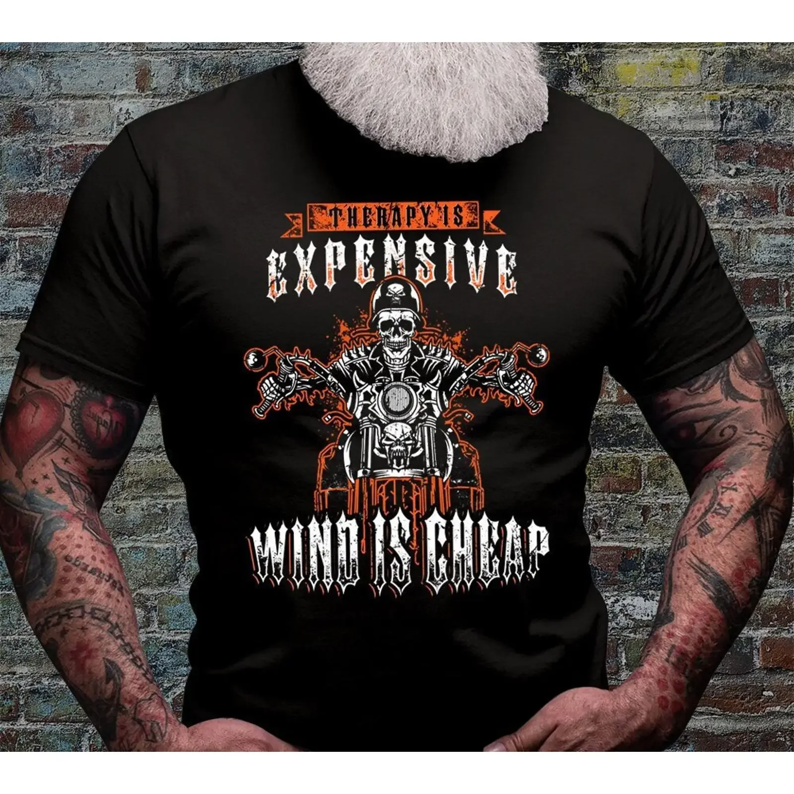 Therapy Is Expensive Wind Cheap Biker Skull T Shirt Vintage Motorcycle Rider Dad  For Bike Rally vintage Washed Breathable