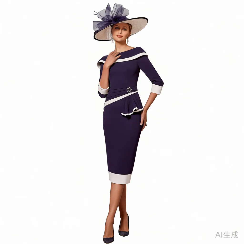 

Fashion Wedding Guest Dresses Crepe Fabric Sheath/Column Cocktail Party Navy Blue Boat Neck Embroidery Draped Prom Dress Midi