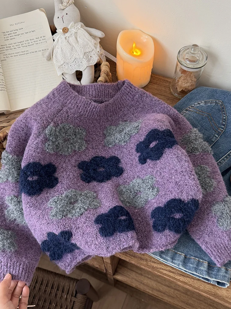 

Korean Sle Thiened Soft Cozy round Ne Sweater for Girls with 3D Flower Decoration All-Match Autumn Winter Kids Clothes