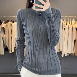 Women Fine Wool Sweater Round Collar Irregular Pit Strips Pullover Autumn Winter Cashmere Bottoming Knitwear Long Sleeve Tops