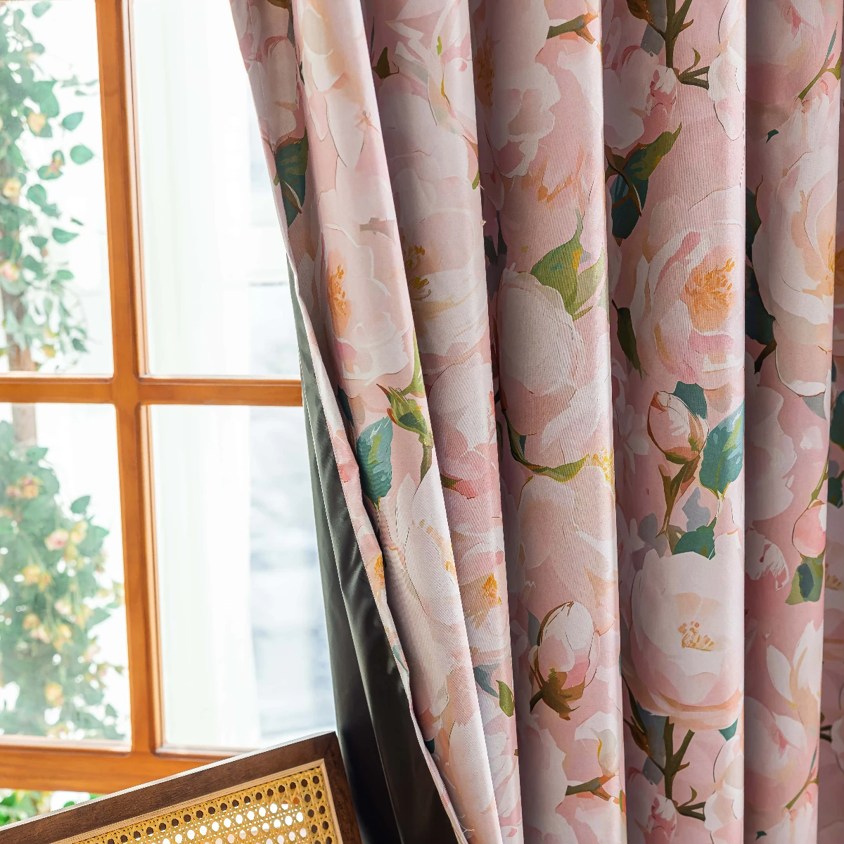 1Pc New Coated Pink Floral Print Curtains, 100% Blackout Fabric for Home Use, Blackout and Heat-Insulating Thickened Curtains, Decorative Rod-Pole Curtains for Living Room, Bedroom, and Study