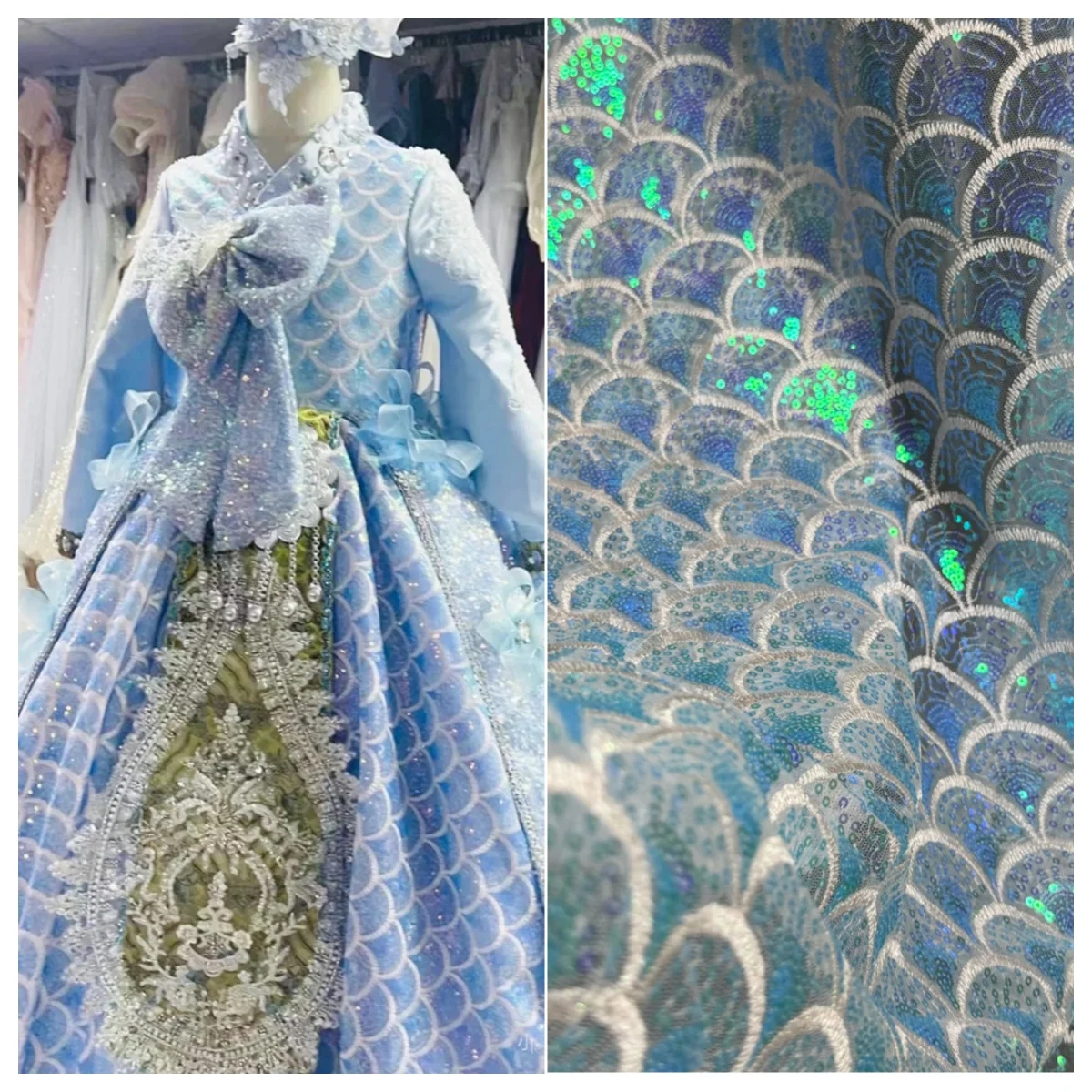 

Iridescent Mermaid Sequin Embroidery Mesh Fabric Holographic Fish Scale Sheer Textile For Fantasy Dress Stage Costume DIY