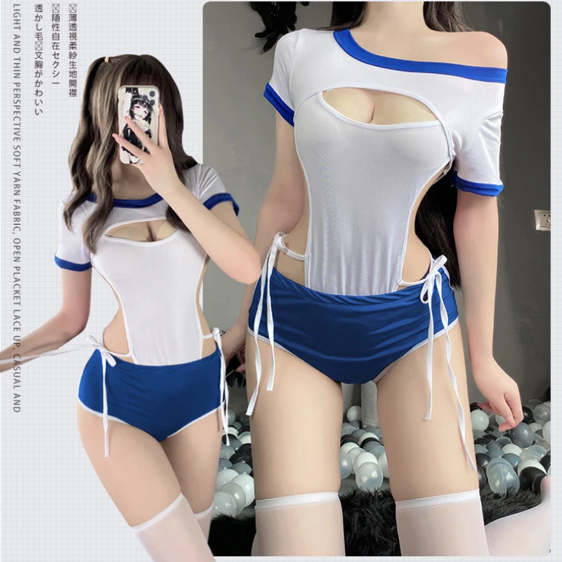 

Japanese Campus Uniform School Girl Cosplay Open Crotch Bodysuit with Shorts Hollow Chest Lingerie Hot Leotard Anime Babydoll