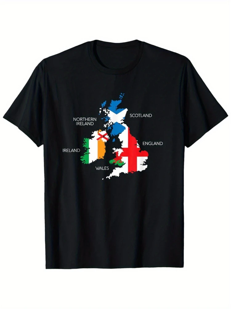 

British Isles Map-Vintage with Ireland, Scotland, Wales & England Flags Design-100% cotton O-neck casual printed men's T-shirt.