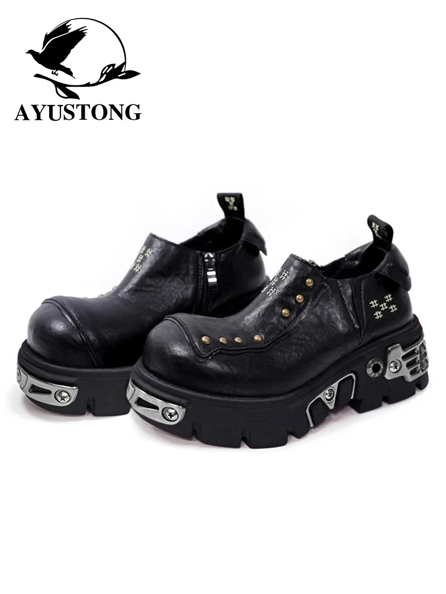 Dark Punk Style Thick Bottom Heightening Large Head Loafers Unisex Fashion Single Shoes Casual High Heel Rubber Sole Shoes