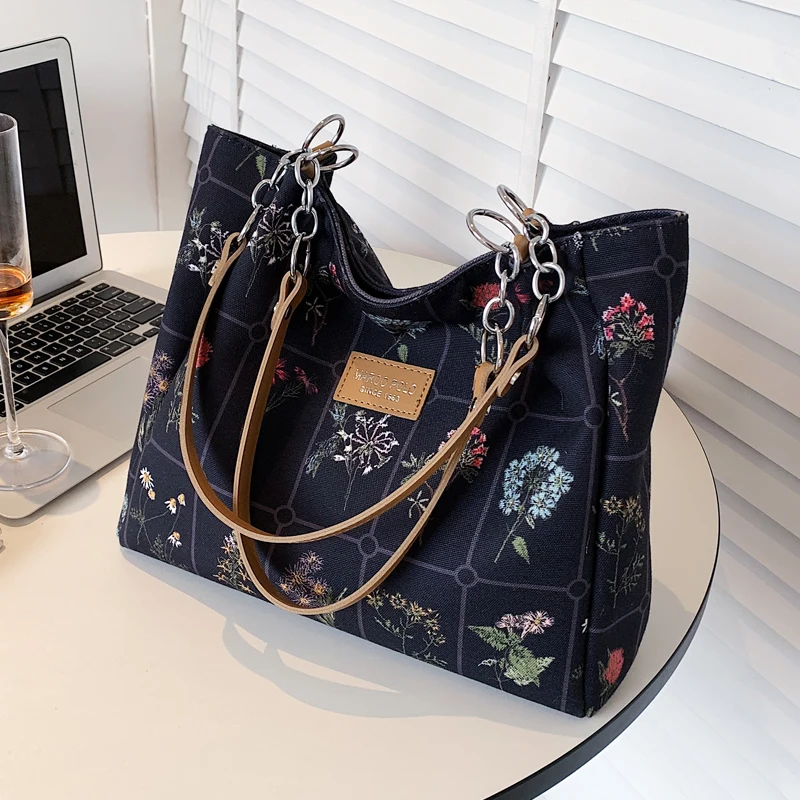 Women Canvas Bag 2022 New Summer Large Capacity Flowers Printed Shoulder Bags Fashion Premium Texture All-Match Ladies Totes