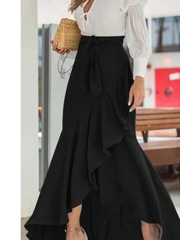 

Юбка женская с высокой талией, асимметричная, длинная, с кружевной отделкой, европейский стиль, из полиэстера, для повседневной носки, H-образный силуэт, на эластичной резинке