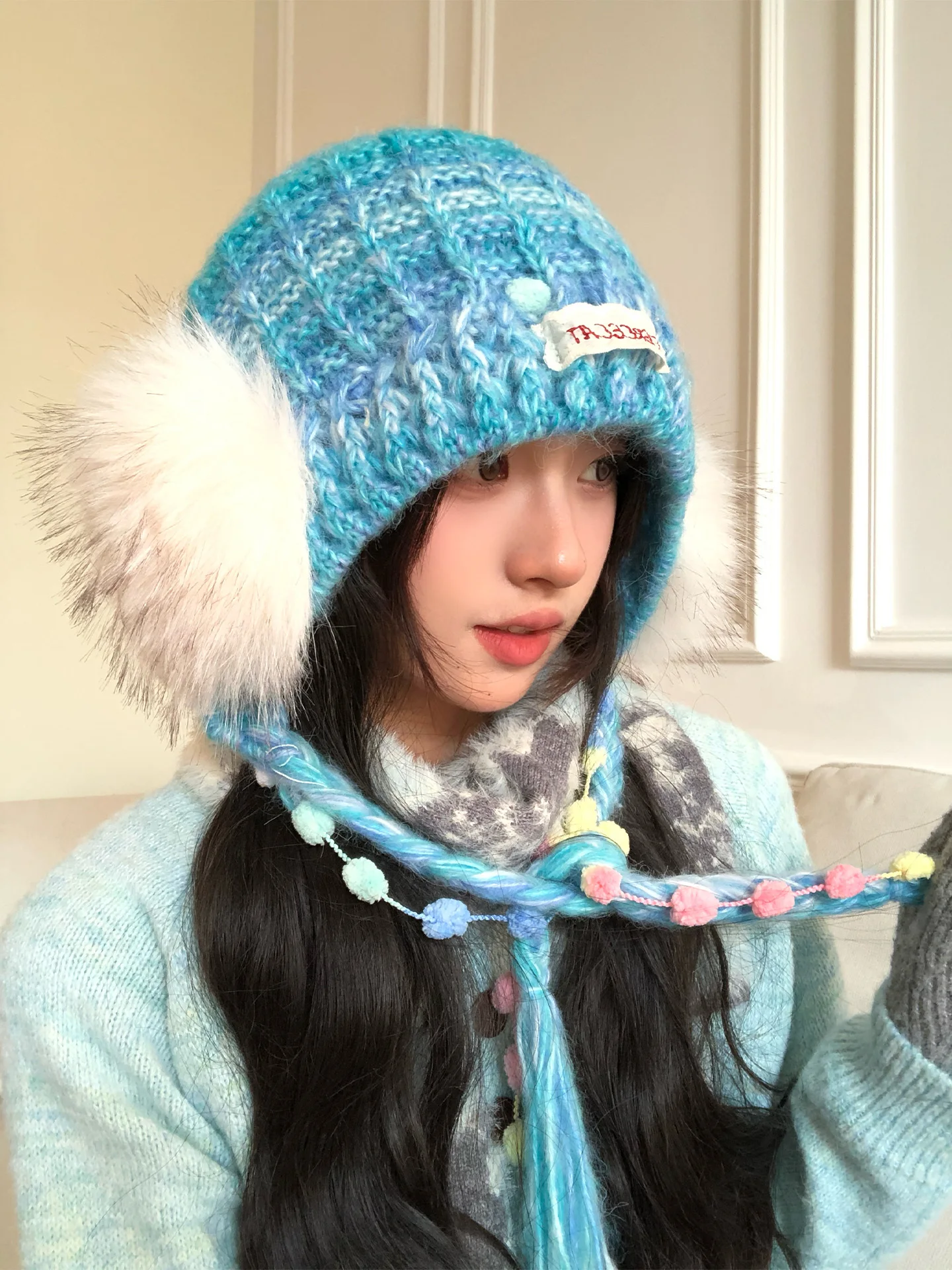 Korean Style Knitted Gradient Furry Hat Women's Autumn Winter Fashion Ear Protection Belted Cap Casual round Top No Brim Fold...