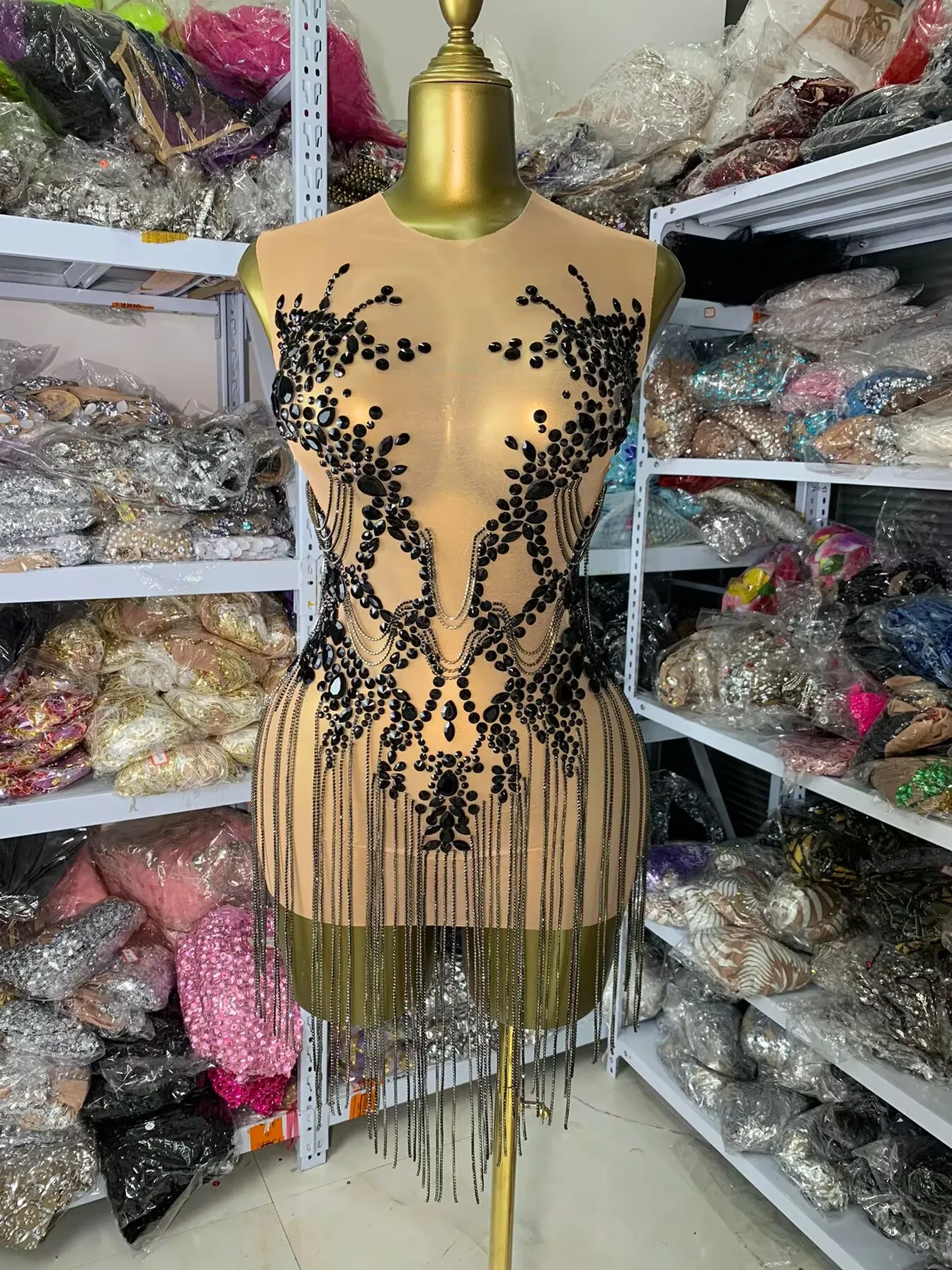 Donne di lusso estate nero strass nappa maglia aderente mini abito corto sexy showgirl night club party costumi di scena