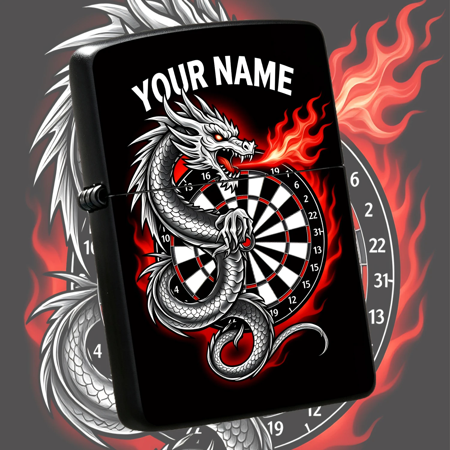 Custom Name White Eastern Dragon Dartboard Lighter Cool Flame Pattern Personalized Engraved Portable Igniter For Outdoor Camping Home Candle Lighting Unique Creative Gift For Darts Lovers Daily Use Decorative Practical Souvenir Interesting