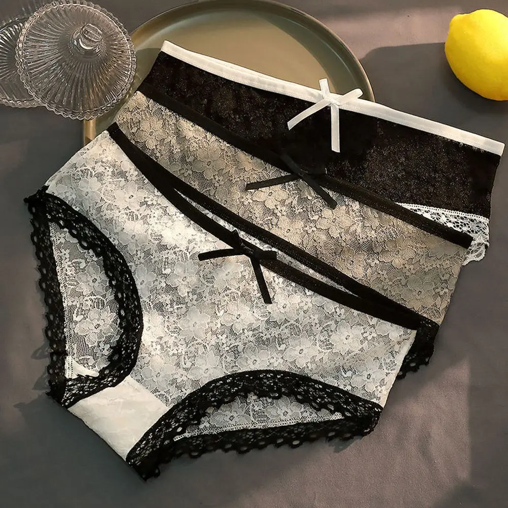 

Korean New Lace Panties Underwear Flower Mesh Mid-waist Bow Underpants Transparent Women Ladies Lingerie Fashion Sexy Briefs