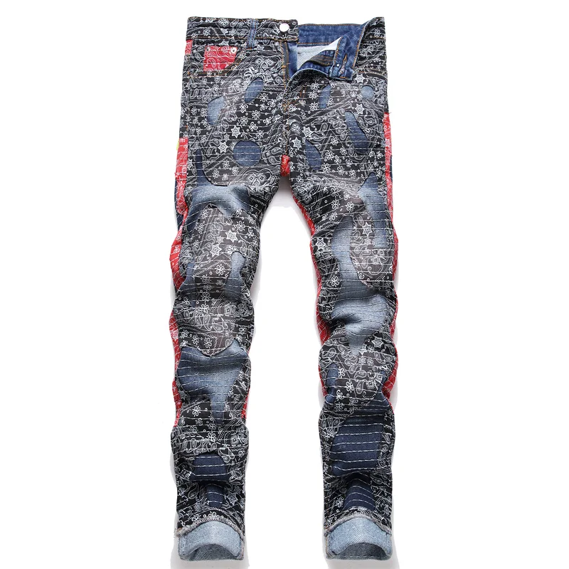 Blue Patchwork Assorted Colors Jeans Men's High-End and Fashionable Vintage Print Punk Slim Straight Casual Motorcycle Trousers