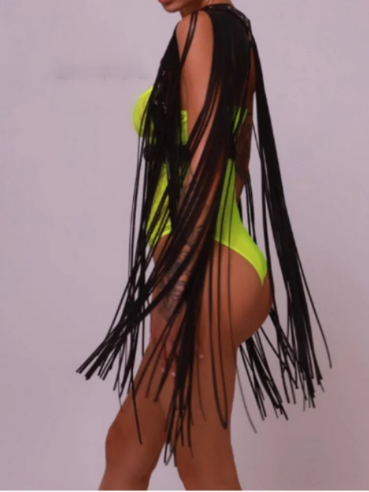Unique Sexy Exotic Women's Black Tassel Dance Dress Suspenders PU Leather Halloween Festival Party Fashion Costume Accessory