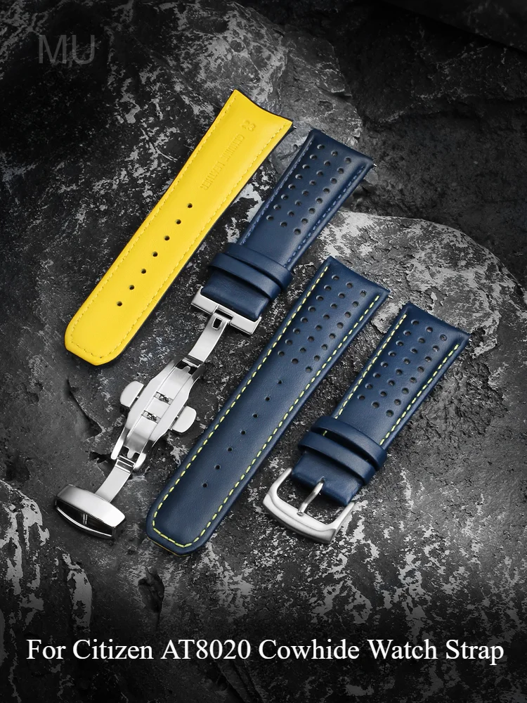 For Citizen Blue Angel At8020-03L At8020-54L Curved Blue Top Layer Cowhide Waterproof Watch Strap 22/23mm