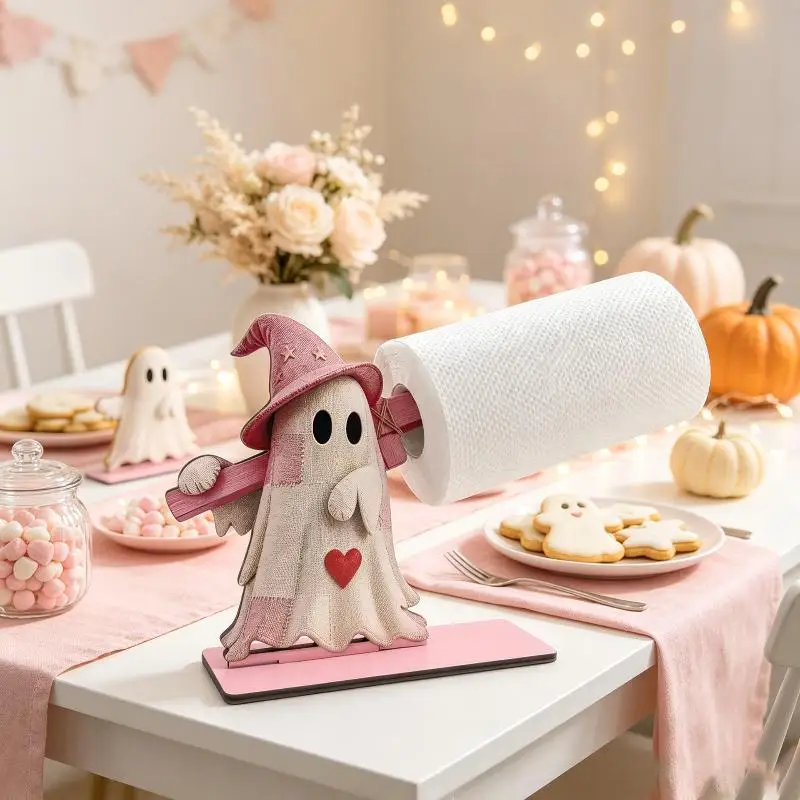 Vintage Wooden Halloween Paper Towel Rack Pumpkin Ghost Cat Design 1Pcs Rustic Countertop Organizer for Farmhouse Kitchen Decor