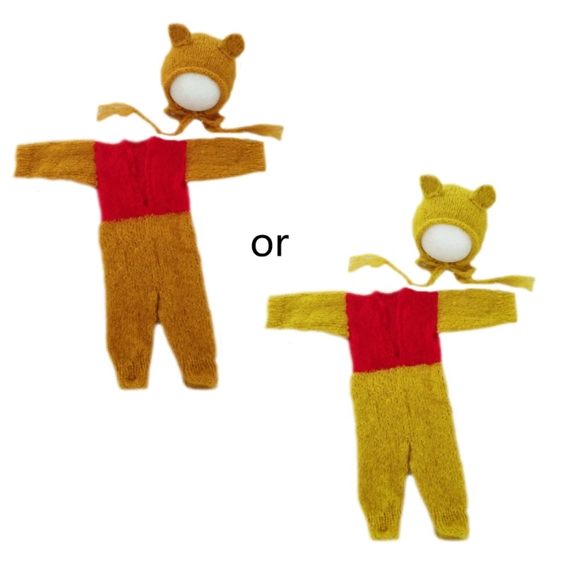 

Hat & Bear Bodysuits Newborns Cartoon Costume Photograph Props Mohair Clothes