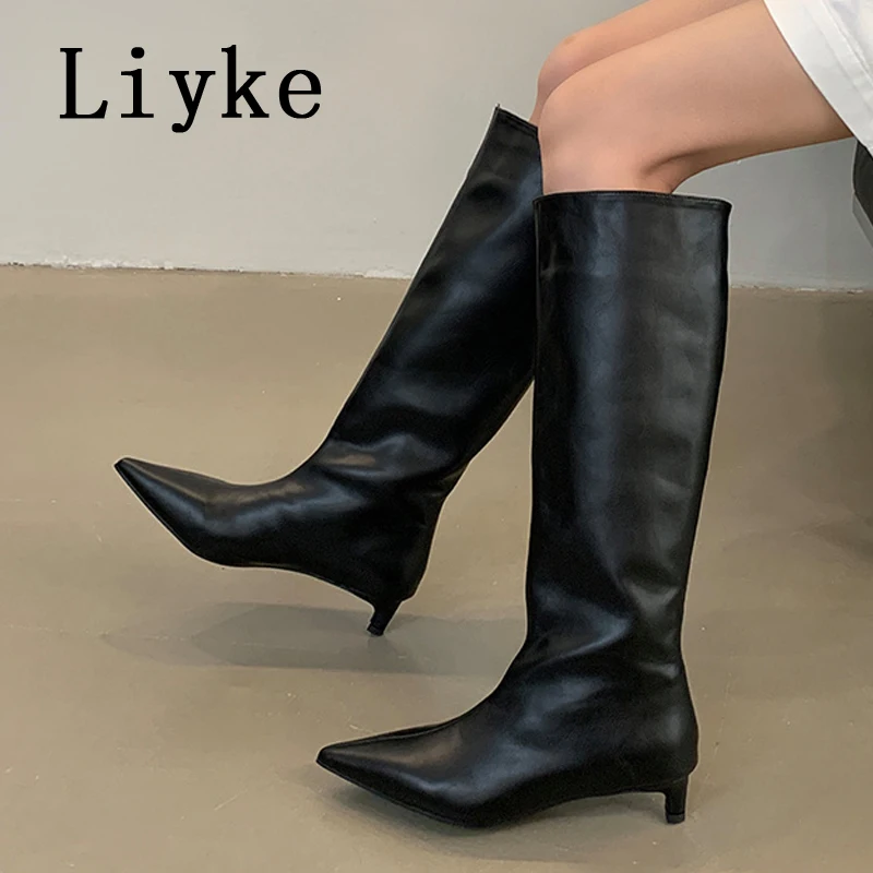 Liyke 2025 novo sexy dedo do pé apontado salto baixo joelho botas altas feminino preto aconchegante couro do plutônio primavera outono sapatos longos bombas femininas