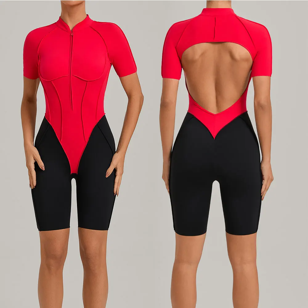 Women Jumpsuit Gym Set Women Short Sleeved Sports Overalls Outdoor Yoga Jumpsuit  Stretch Push Up Fitness Bodysuit With Zipper