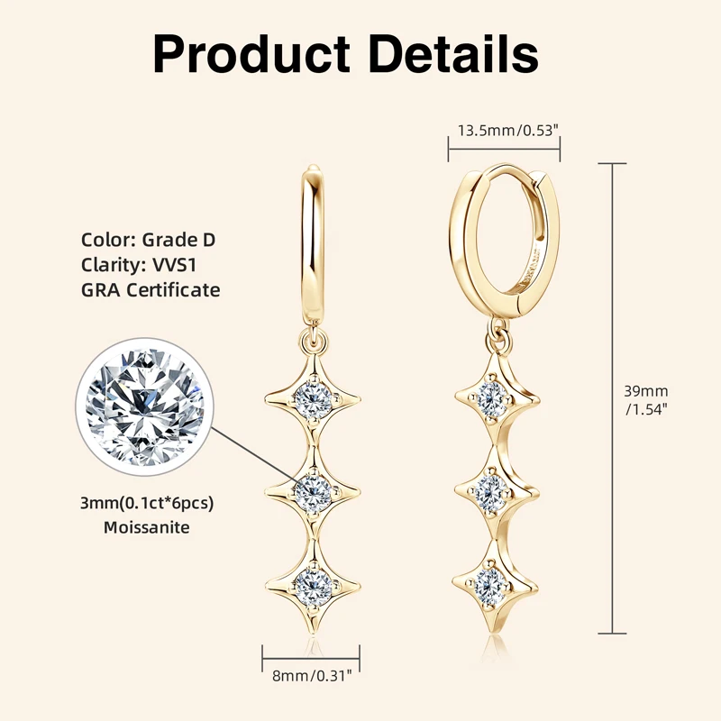 RAPRGOLD GRA Certified Moissanite Star Tassels Chains Hoop Earring for Women 925 Sterling Silver Earring Jewelry Gift Pendientes