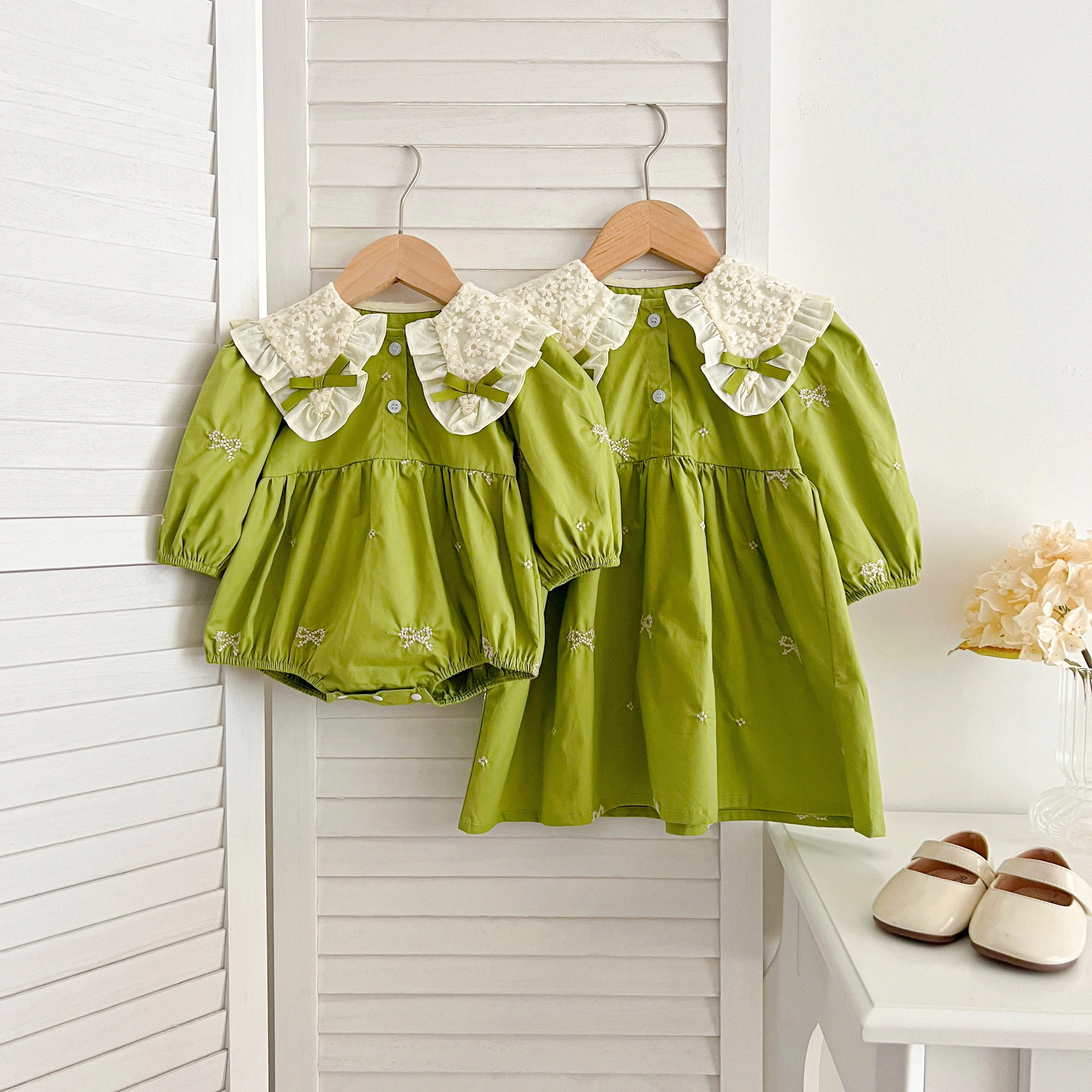 Schwestern Kleidung Säuglings Baby Mädchen Spitze Kragen Kleid Strampler Kinder Baby Mädchen Gestickte Bogen Prinzessin Kleid Familie Kleidung Strampler – Detail 5